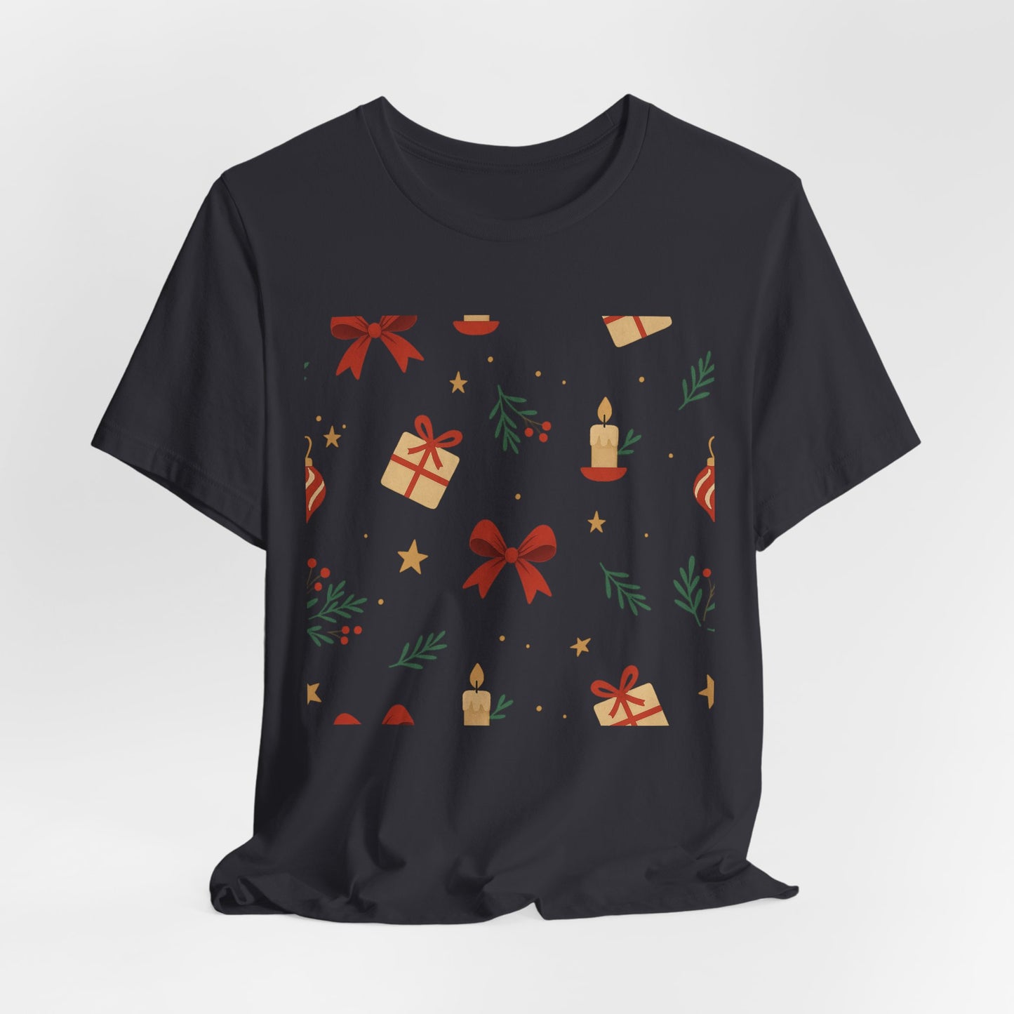 Holiday Pattern Tee — Festive Gifts, Bows & Candles Graphic T-Shirt