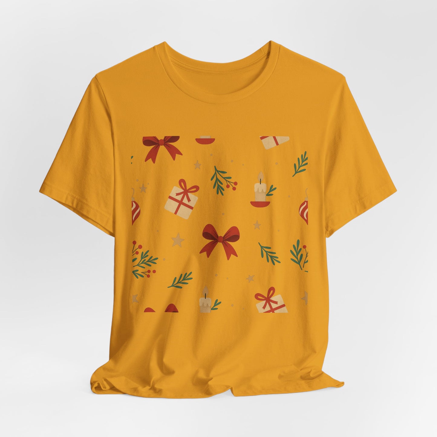 Holiday Pattern Tee — Festive Gifts, Bows & Candles Graphic T-Shirt