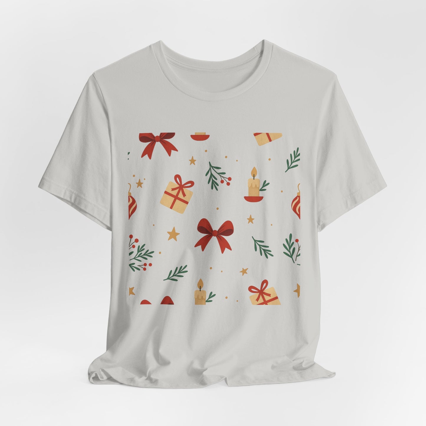 Holiday Pattern Tee — Festive Gifts, Bows & Candles Graphic T-Shirt