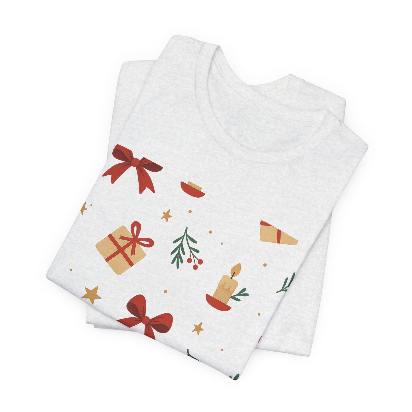 Holiday Pattern Tee — Festive Gifts, Bows & Candles Graphic T-Shirt
