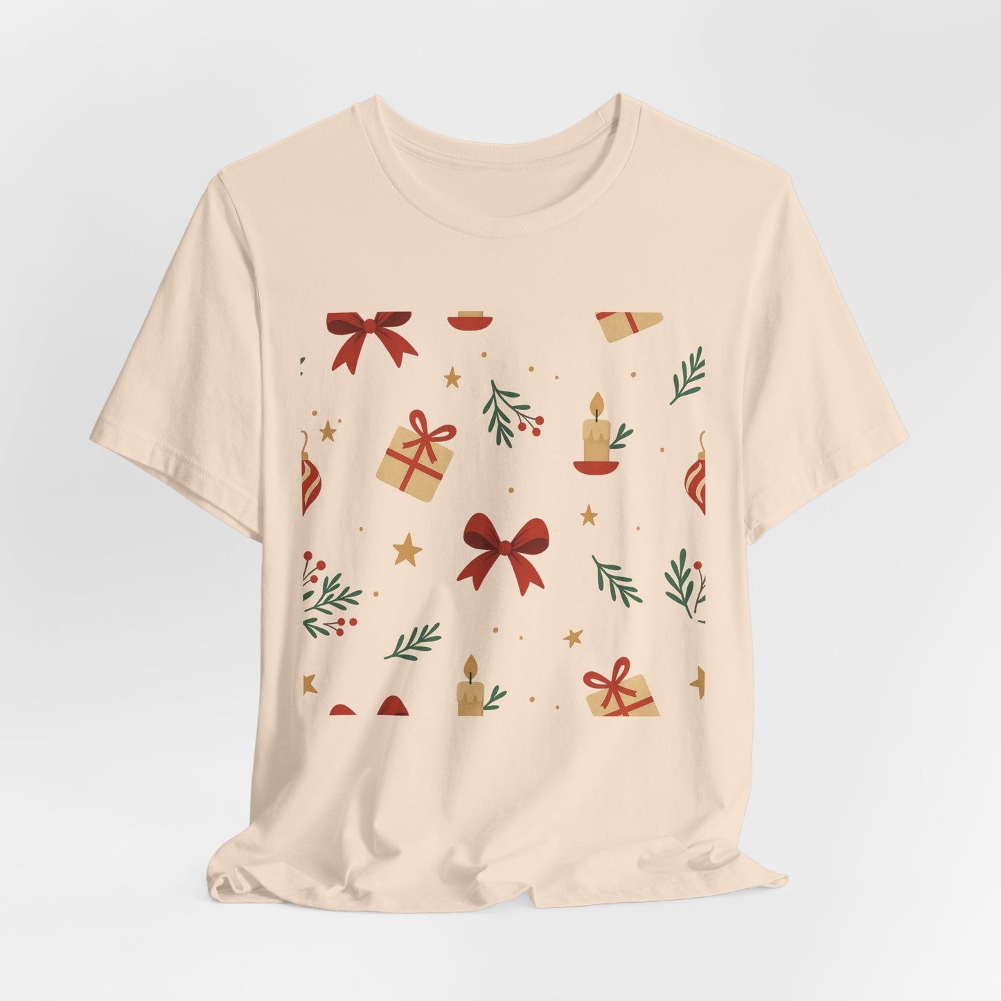 Holiday Pattern Tee — Festive Gifts, Bows & Candles Graphic T-Shirt