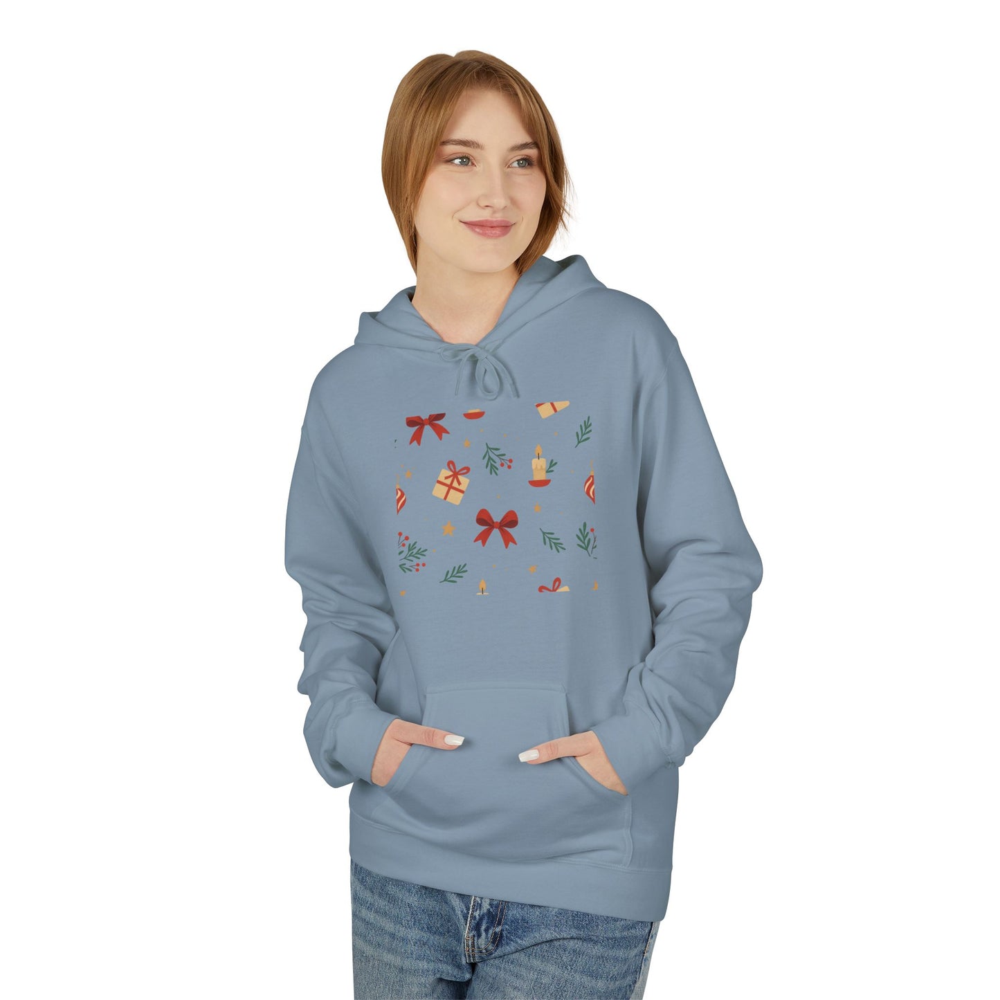 Holiday Gift Pattern Hoodie — Festive Presents & Bows Design