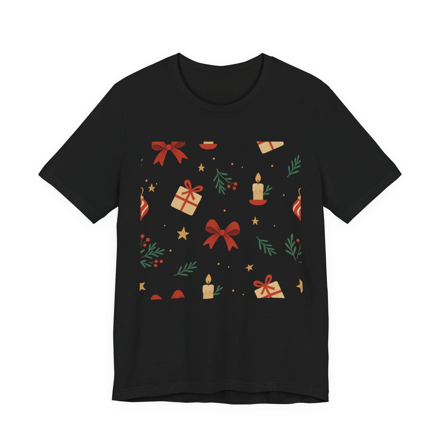Holiday Pattern Tee — Festive Gifts, Bows & Candles Graphic T-Shirt