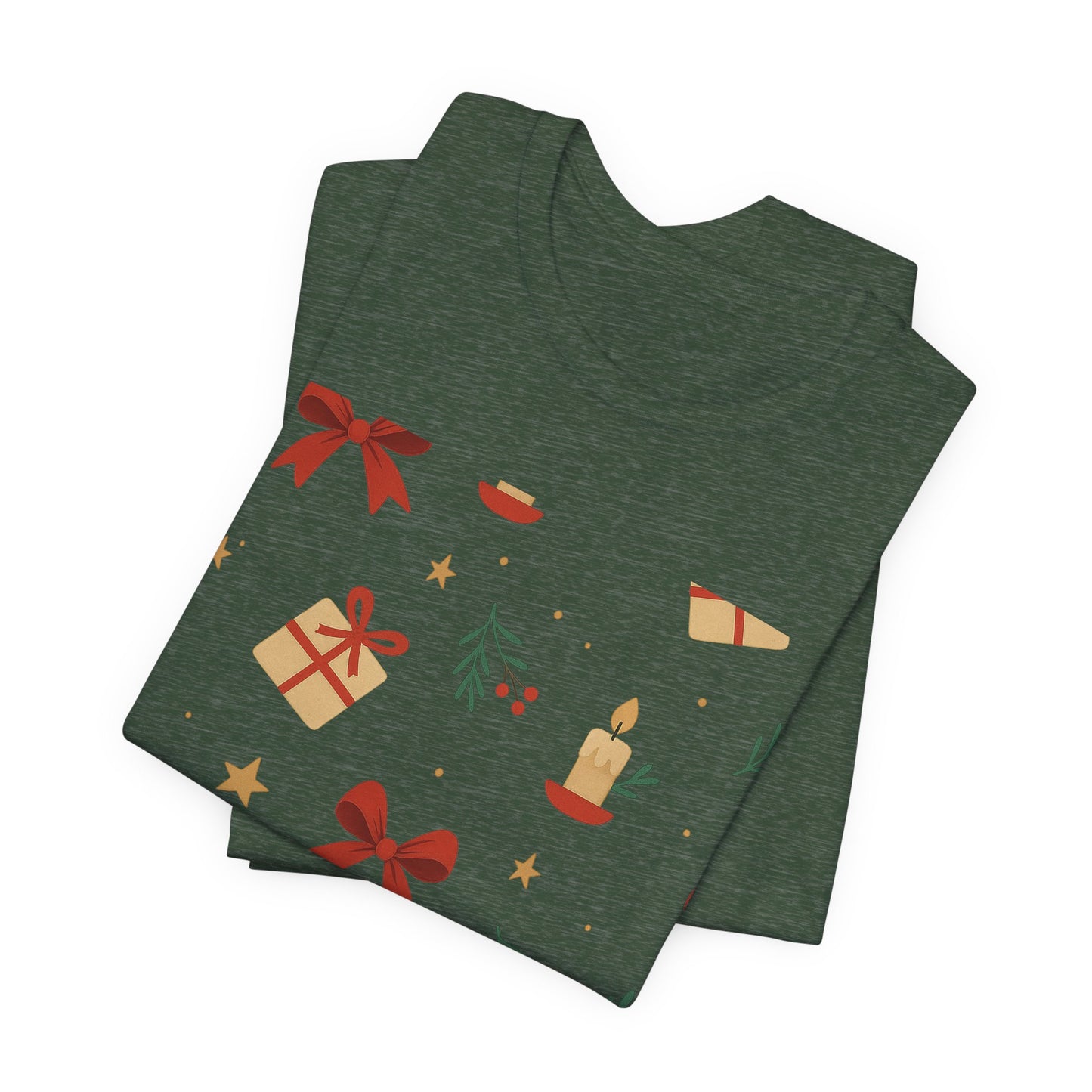 Holiday Pattern Tee — Festive Gifts, Bows & Candles Graphic T-Shirt