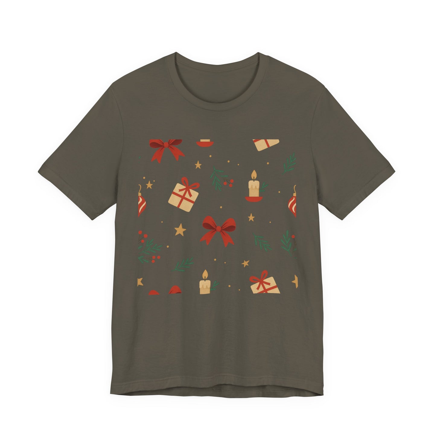 Holiday Pattern Tee — Festive Gifts, Bows & Candles Graphic T-Shirt