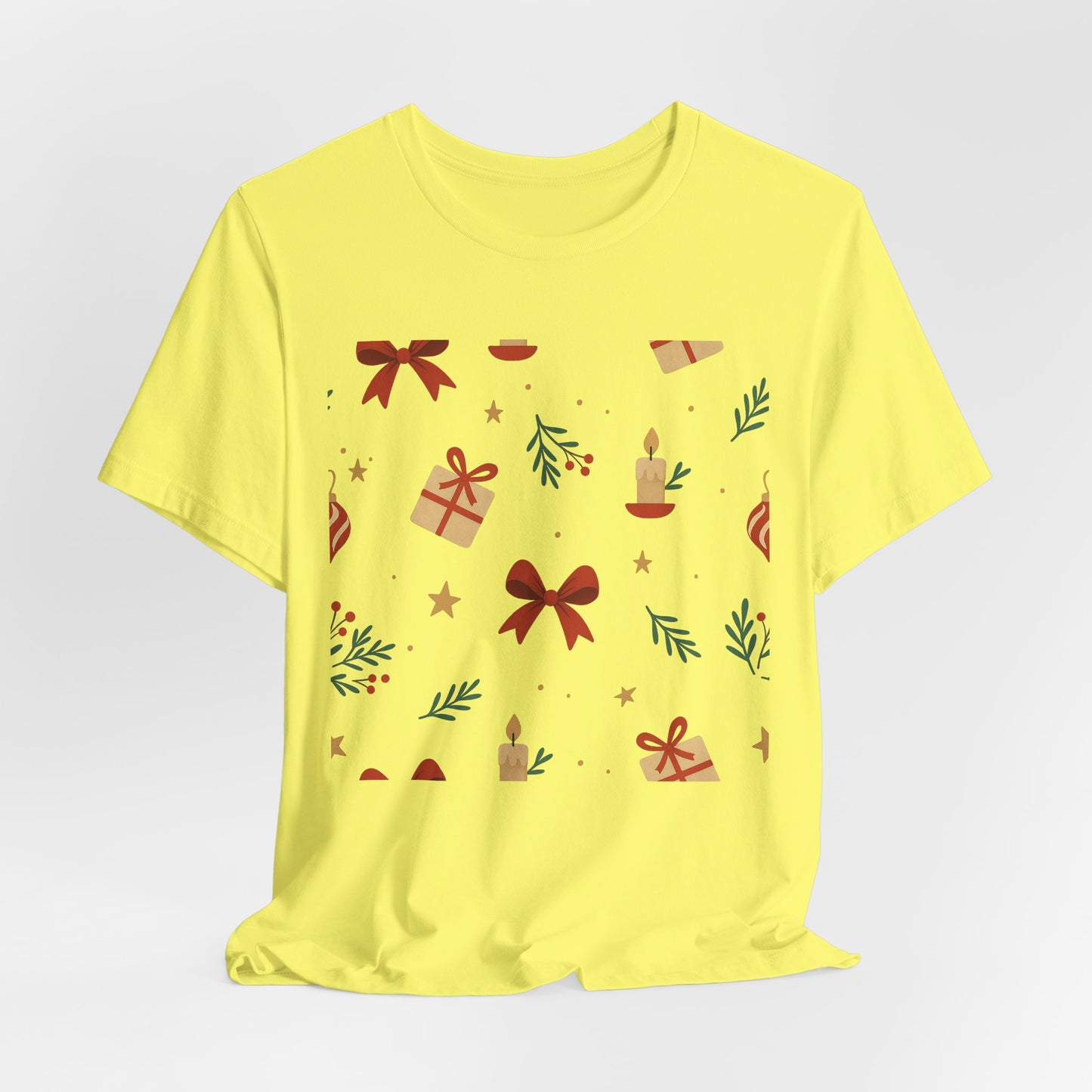 Holiday Pattern Tee — Festive Gifts, Bows & Candles Graphic T-Shirt