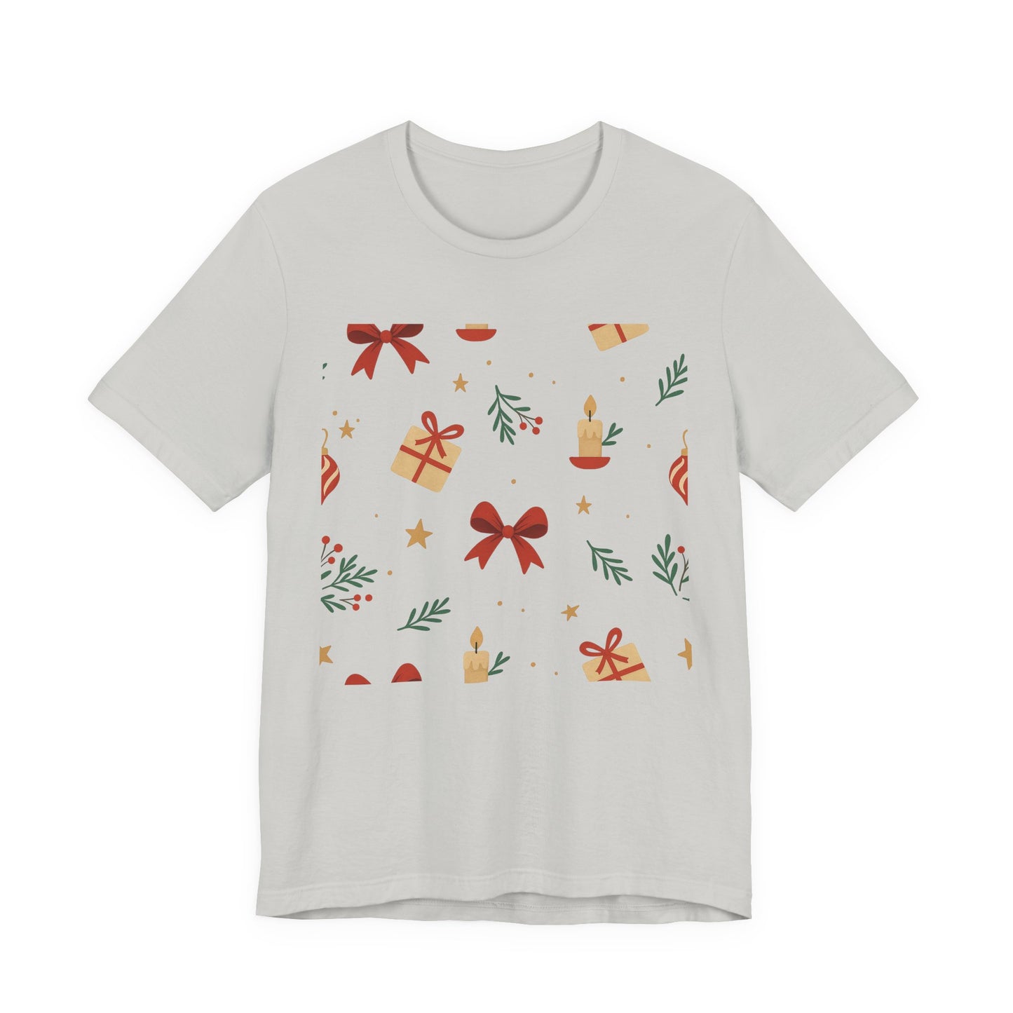 Holiday Pattern Tee — Festive Gifts, Bows & Candles Graphic T-Shirt