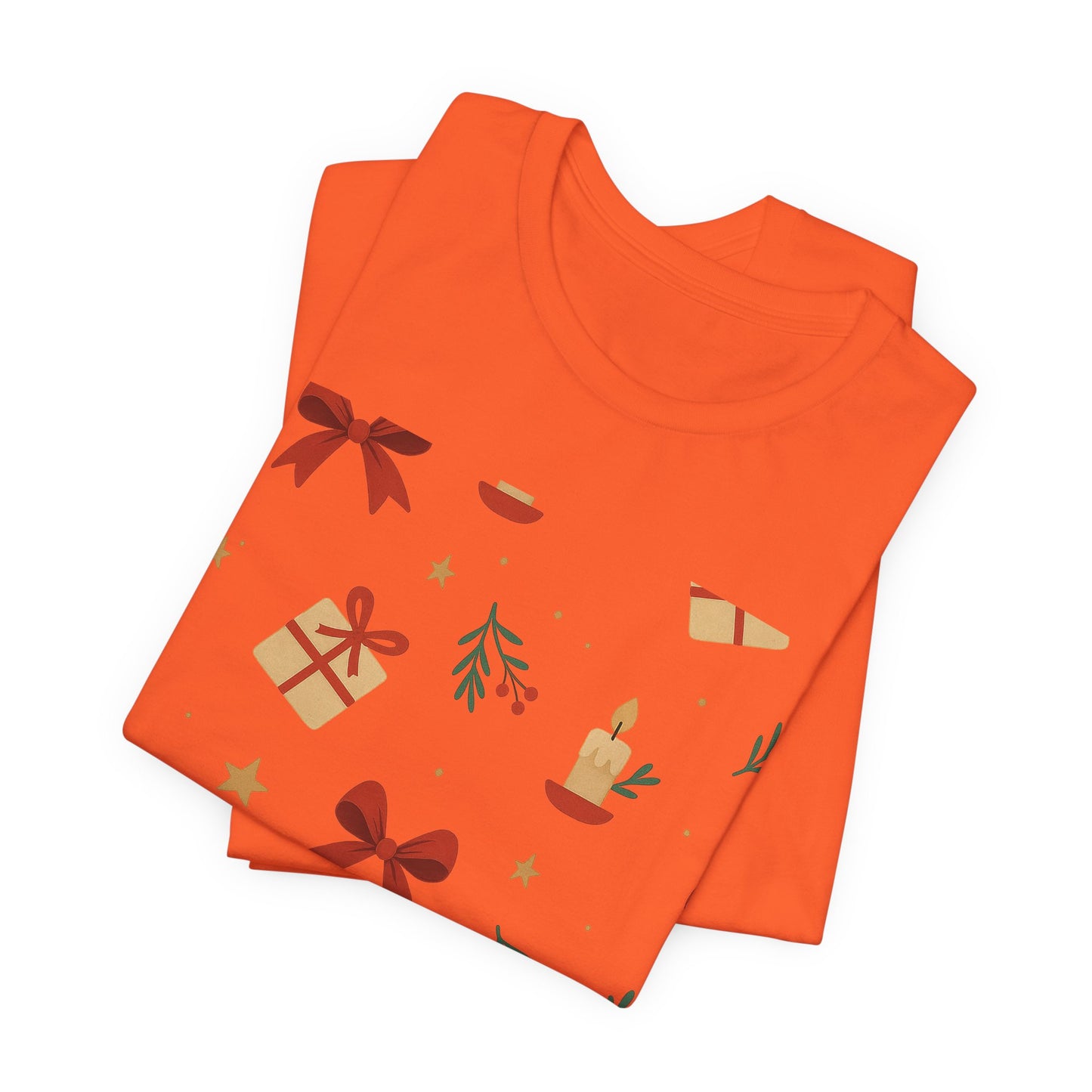 Holiday Pattern Tee — Festive Gifts, Bows & Candles Graphic T-Shirt