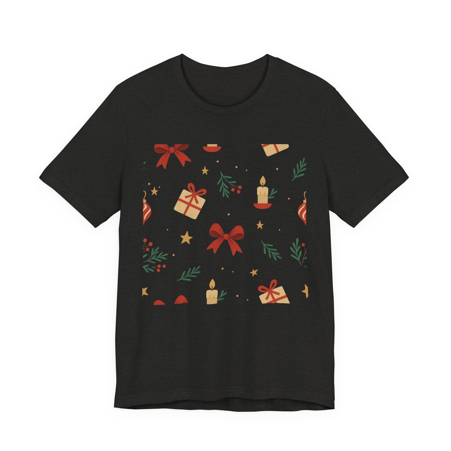 Holiday Pattern Tee — Festive Gifts, Bows & Candles Graphic T-Shirt