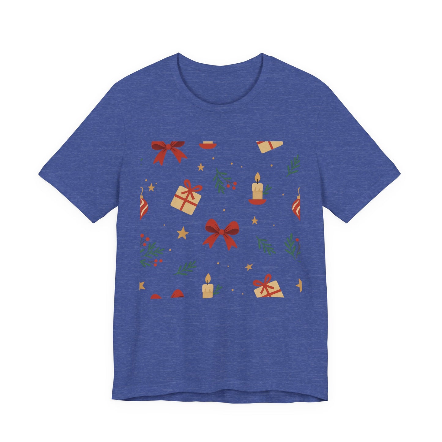 Holiday Pattern Tee — Festive Gifts, Bows & Candles Graphic T-Shirt