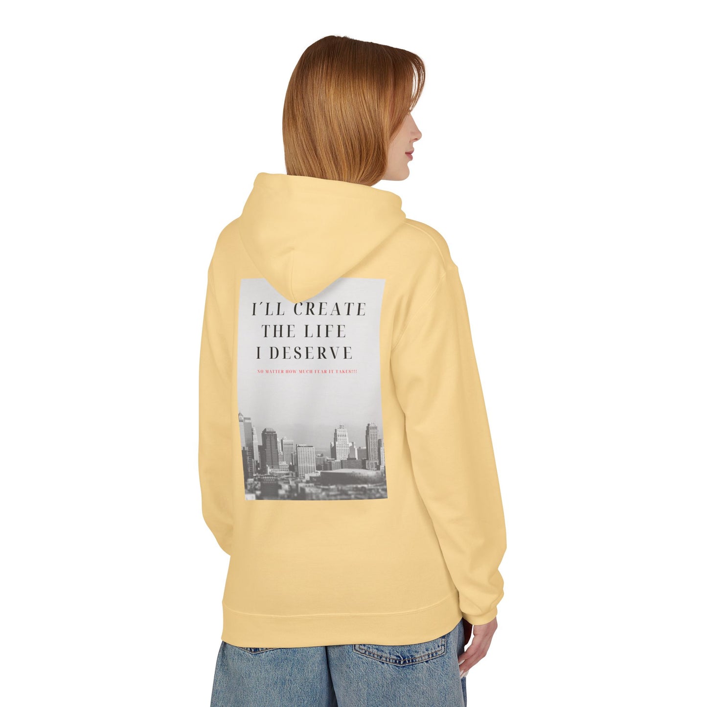 Motivational 'I'll Create the Life I Deserve' Hoodie — Inspirational Cityscape Fleece