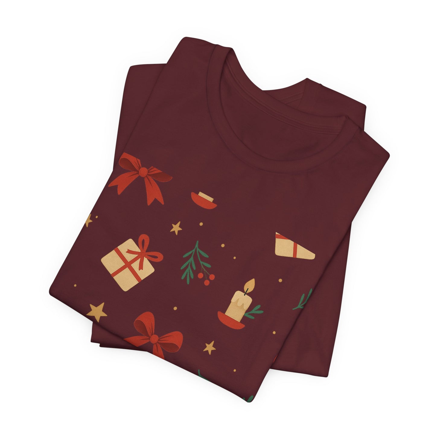 Holiday Pattern Tee — Festive Gifts, Bows & Candles Graphic T-Shirt