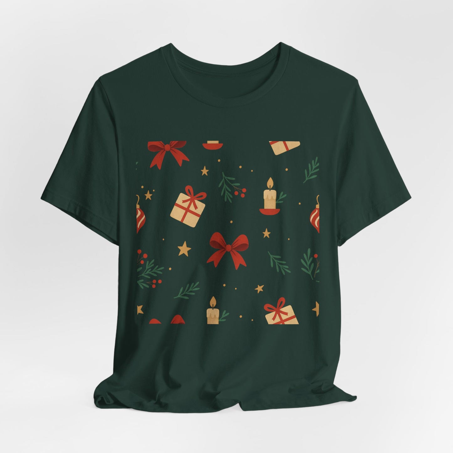Holiday Pattern Tee — Festive Gifts, Bows & Candles Graphic T-Shirt