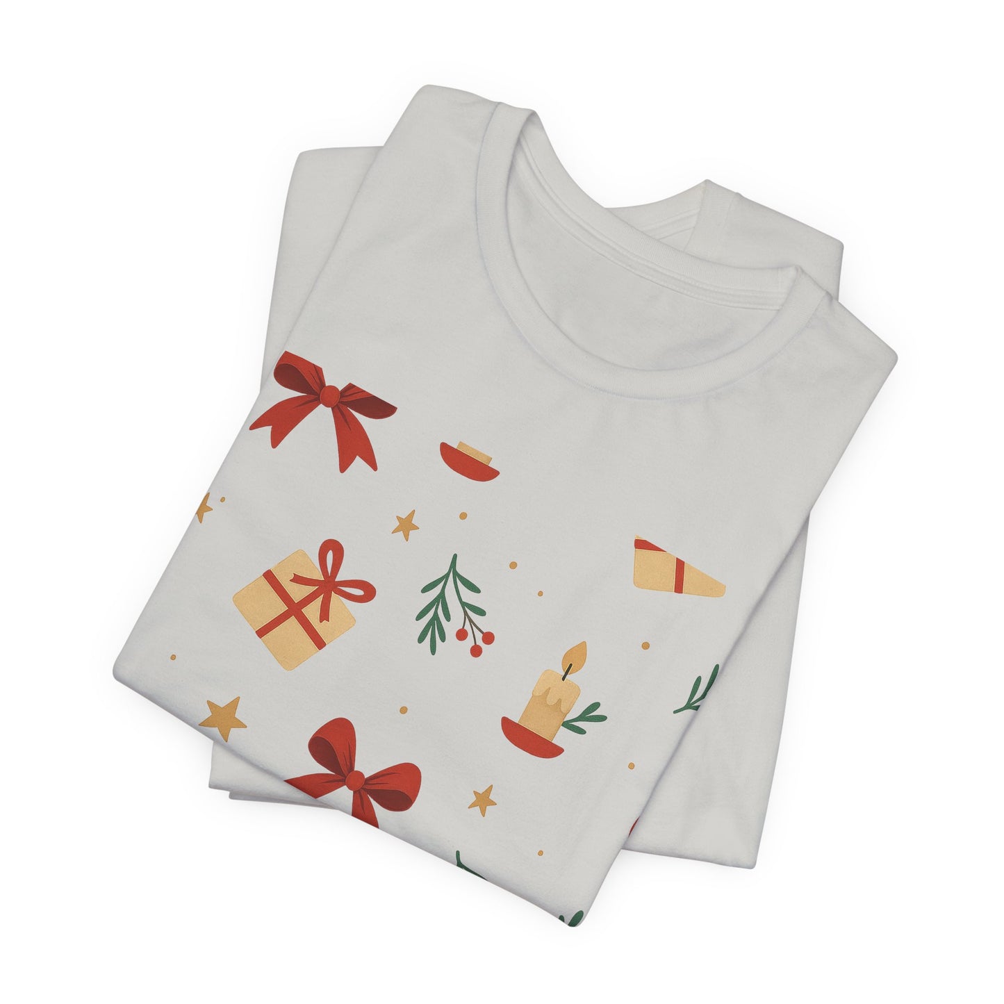 Holiday Pattern Tee — Festive Gifts, Bows & Candles Graphic T-Shirt