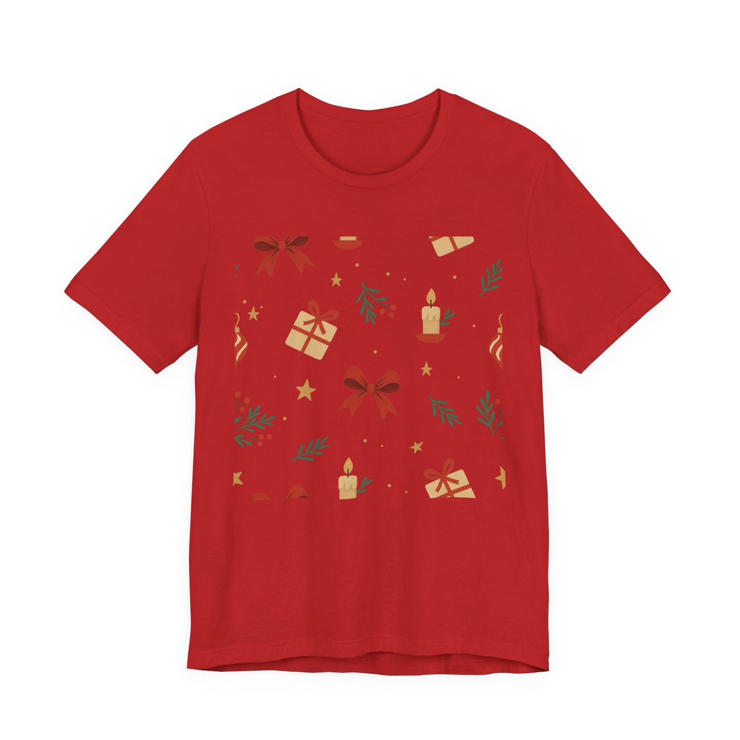Holiday Pattern Tee — Festive Gifts, Bows & Candles Graphic T-Shirt