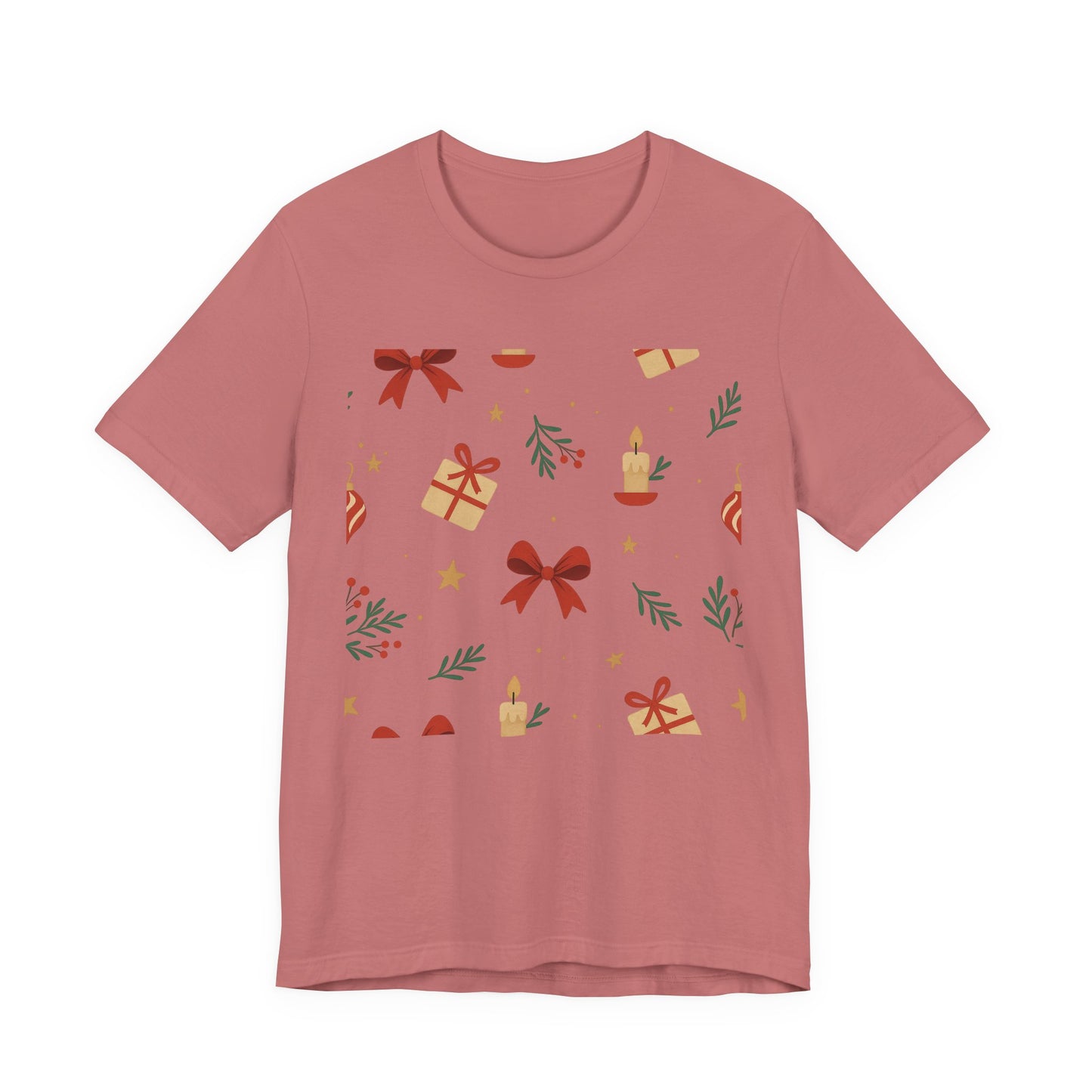 Holiday Pattern Tee — Festive Gifts, Bows & Candles Graphic T-Shirt