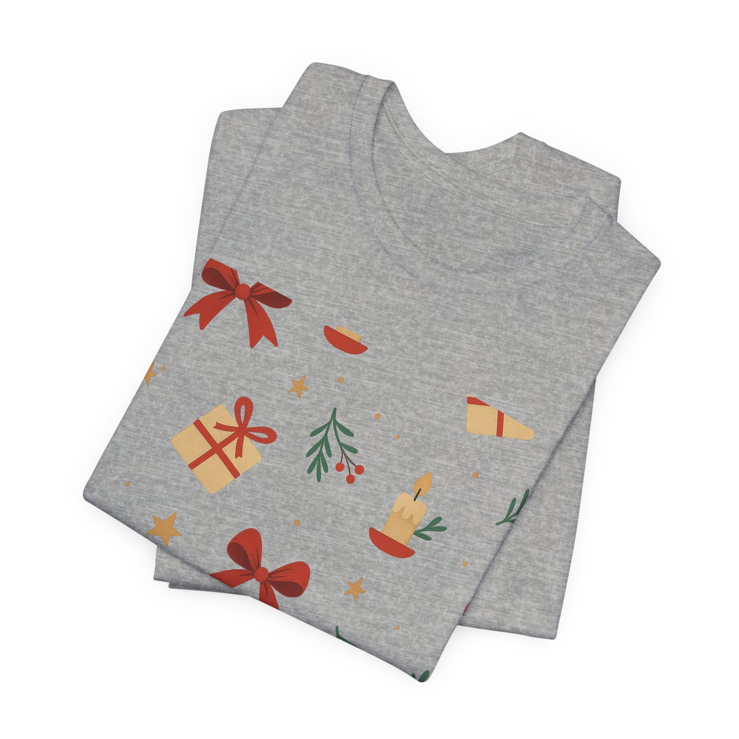 Holiday Pattern Tee — Festive Gifts, Bows & Candles Graphic T-Shirt