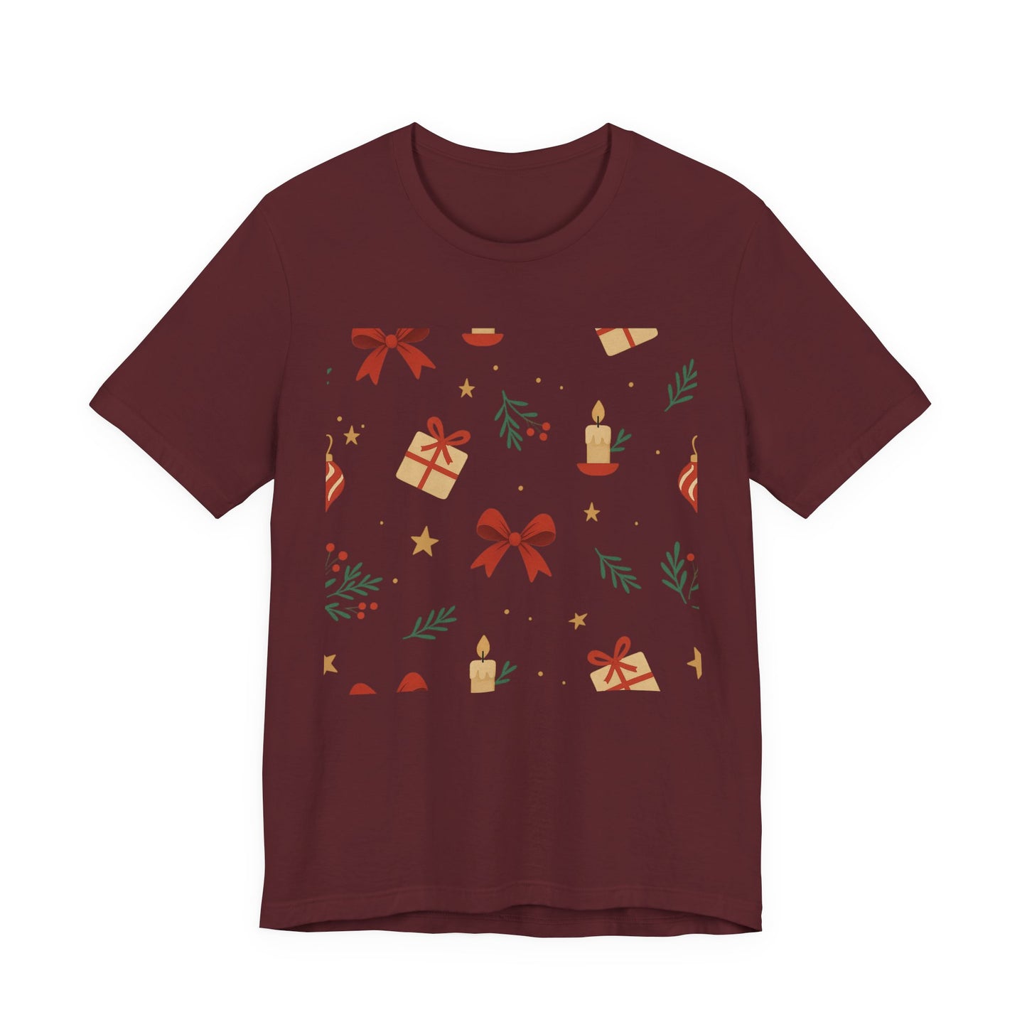 Holiday Pattern Tee — Festive Gifts, Bows & Candles Graphic T-Shirt