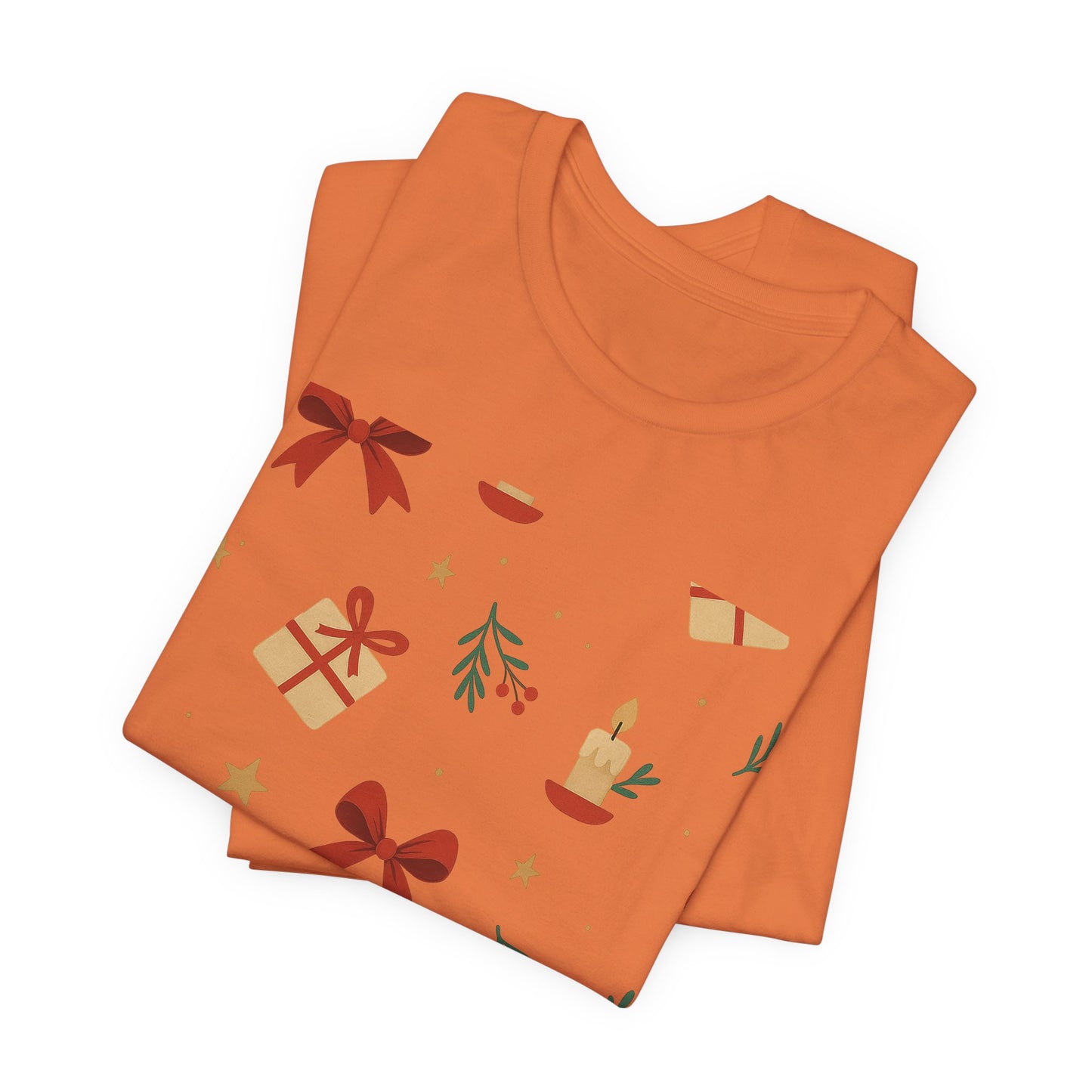 Holiday Pattern Tee — Festive Gifts, Bows & Candles Graphic T-Shirt