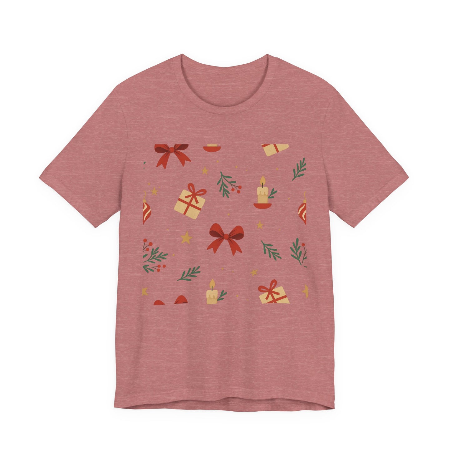 Holiday Pattern Tee — Festive Gifts, Bows & Candles Graphic T-Shirt