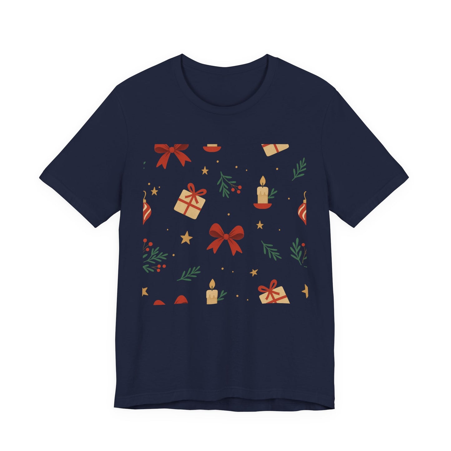 Holiday Pattern Tee — Festive Gifts, Bows & Candles Graphic T-Shirt