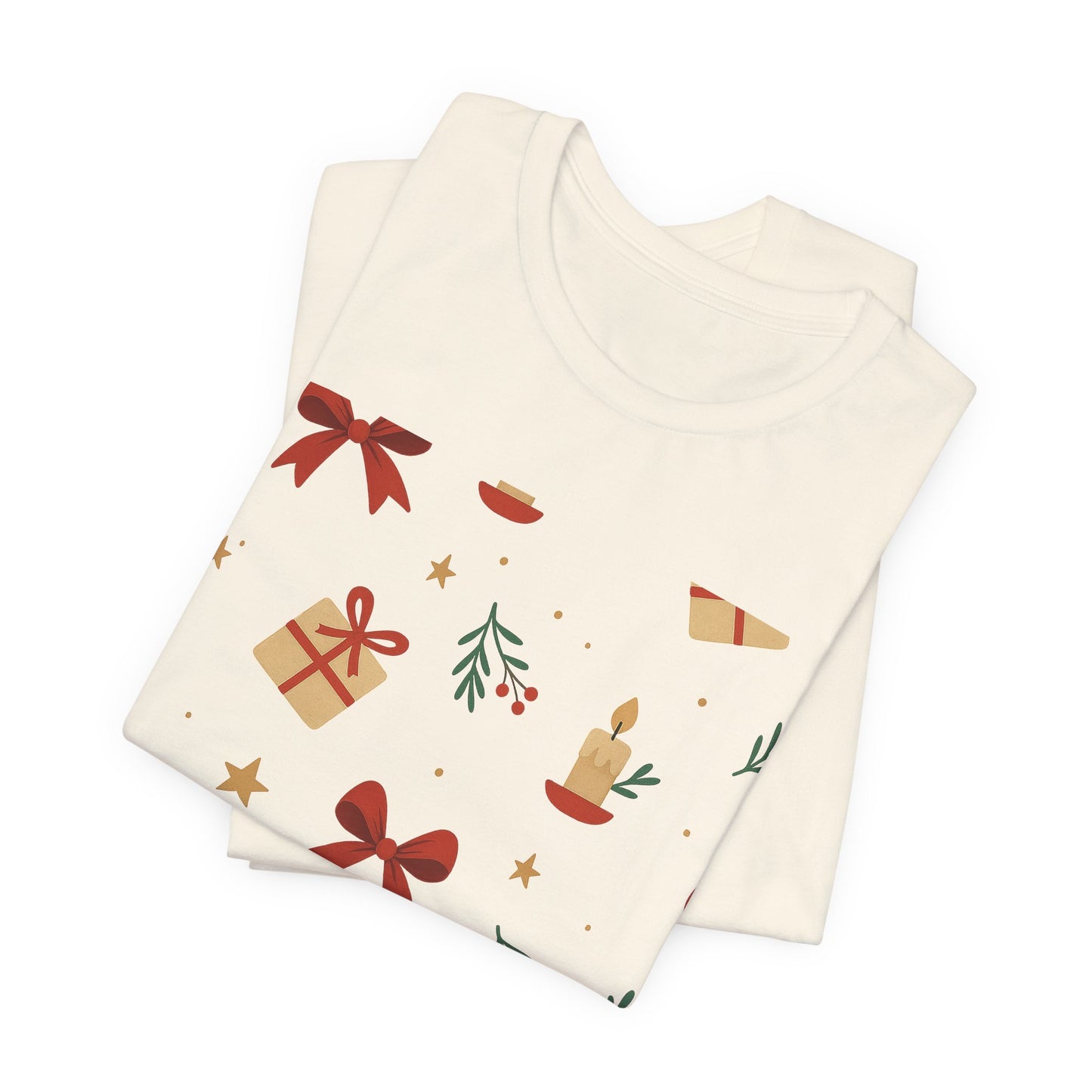 Holiday Pattern Tee — Festive Gifts, Bows & Candles Graphic T-Shirt