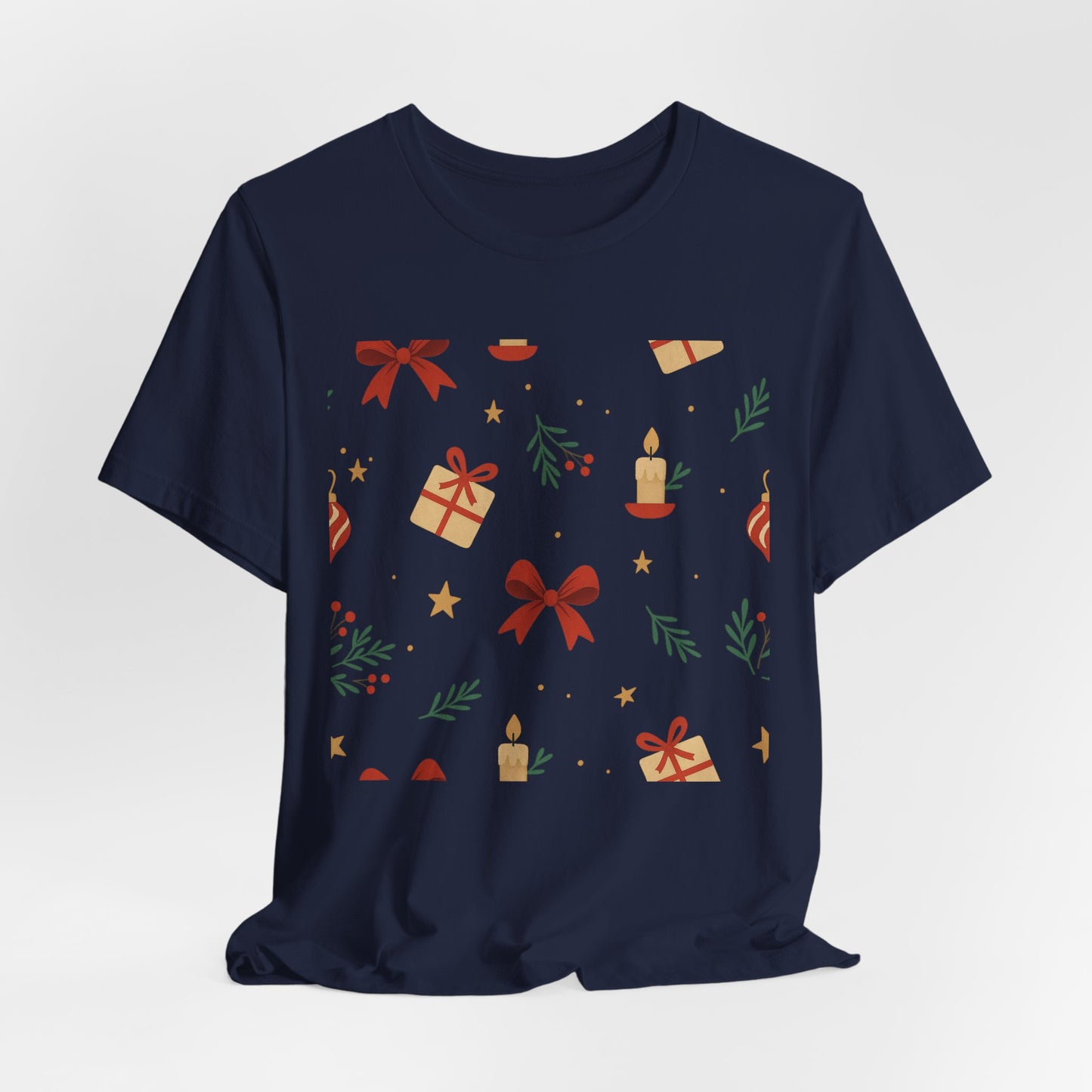 Holiday Pattern Tee — Festive Gifts, Bows & Candles Graphic T-Shirt