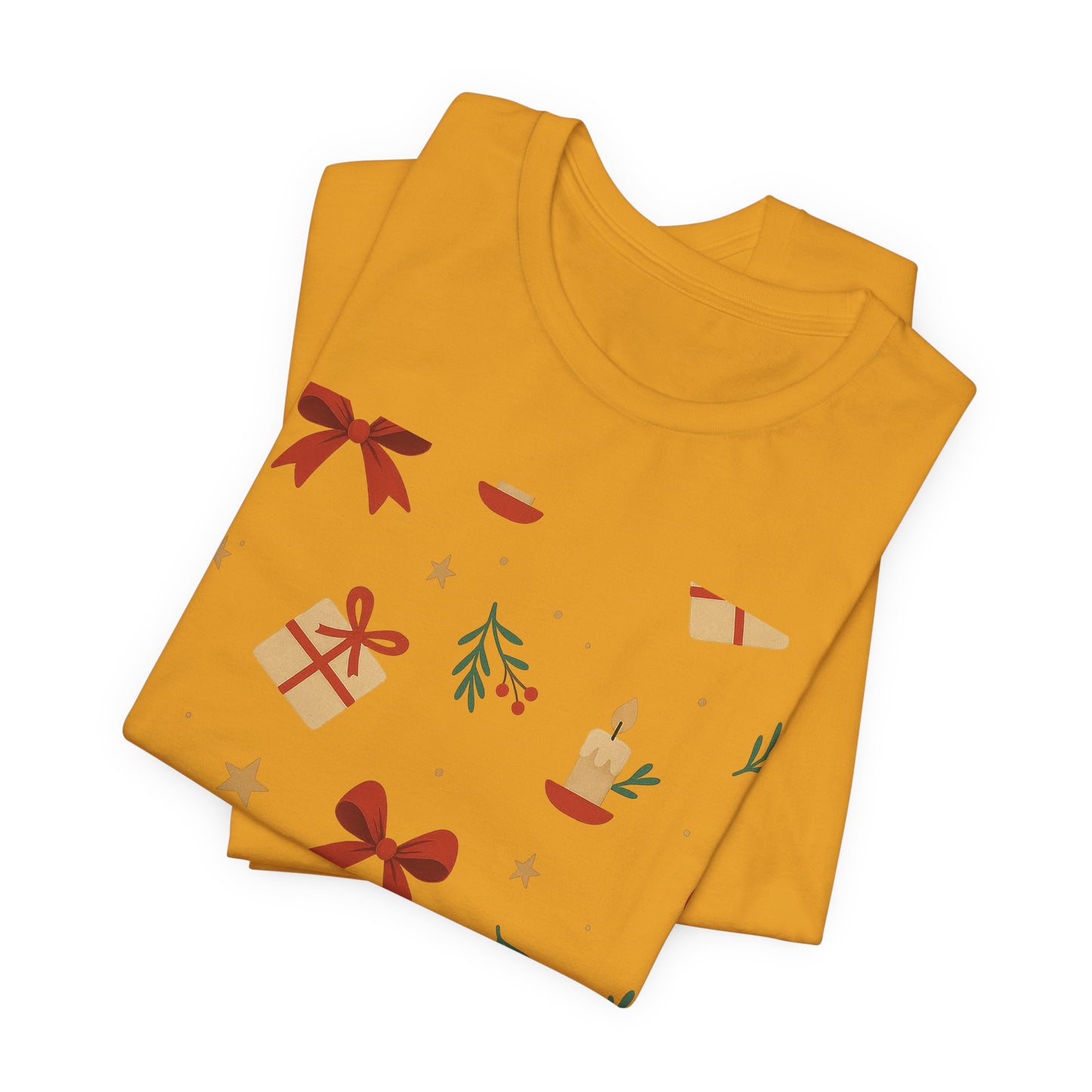Holiday Pattern Tee — Festive Gifts, Bows & Candles Graphic T-Shirt
