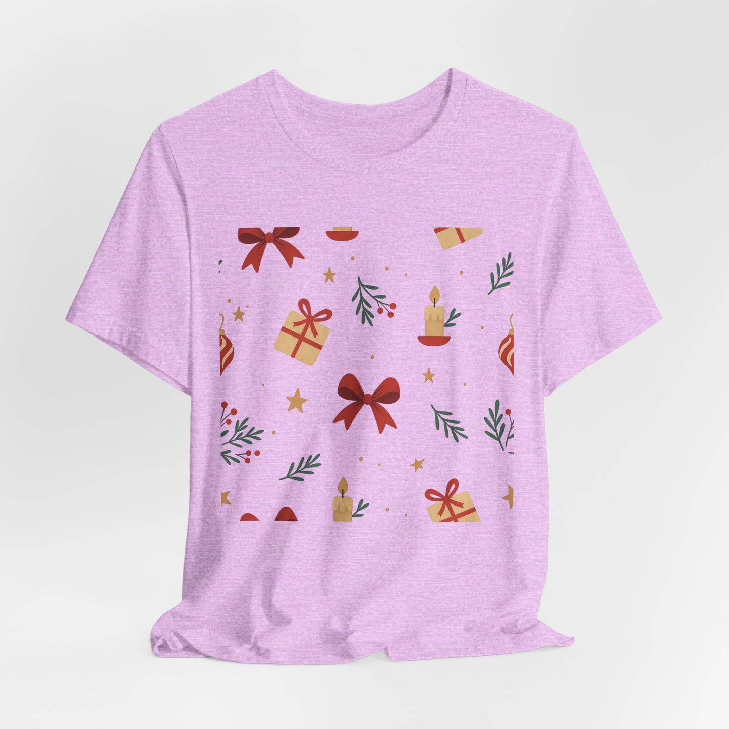 Holiday Pattern Tee — Festive Gifts, Bows & Candles Graphic T-Shirt