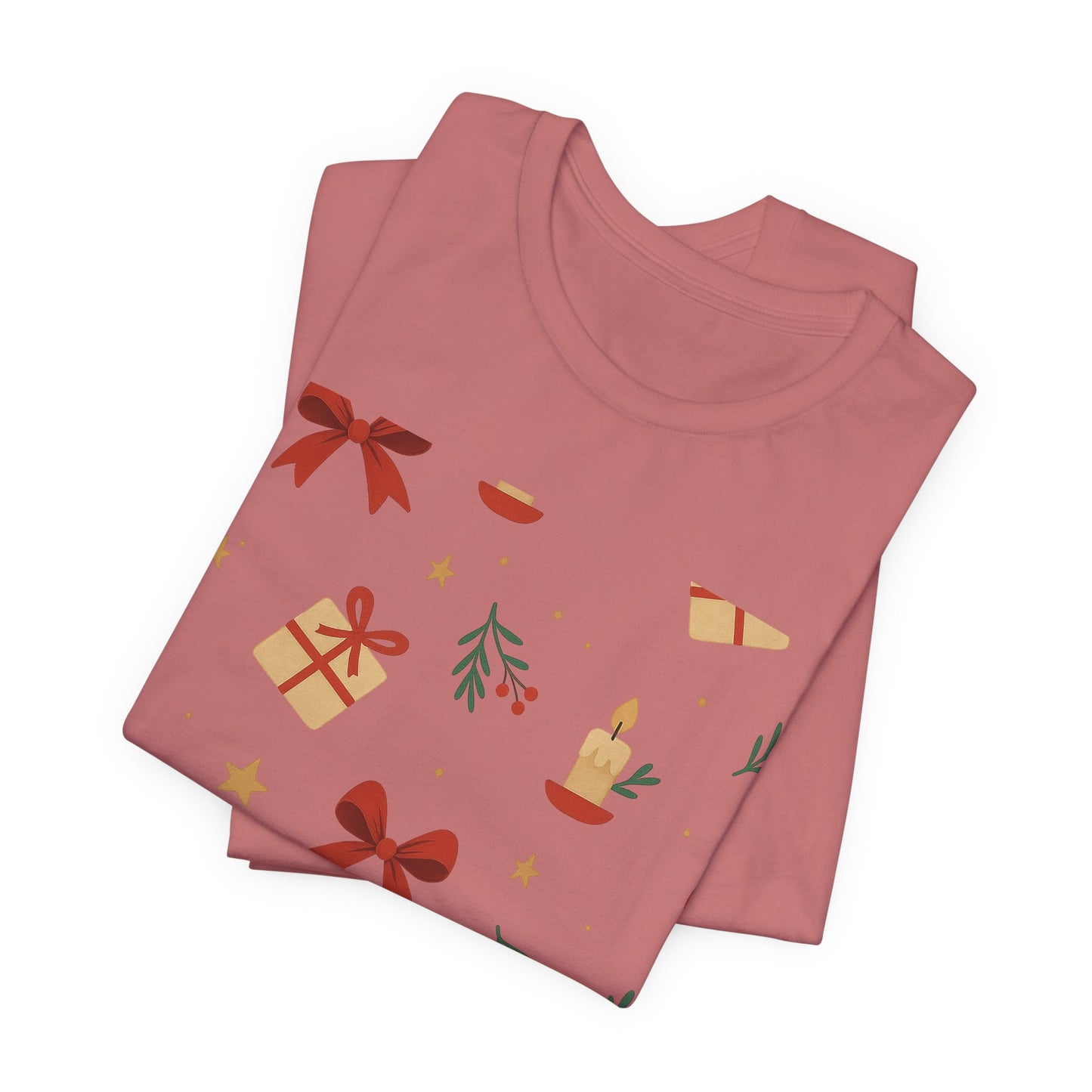 Holiday Pattern Tee — Festive Gifts, Bows & Candles Graphic T-Shirt
