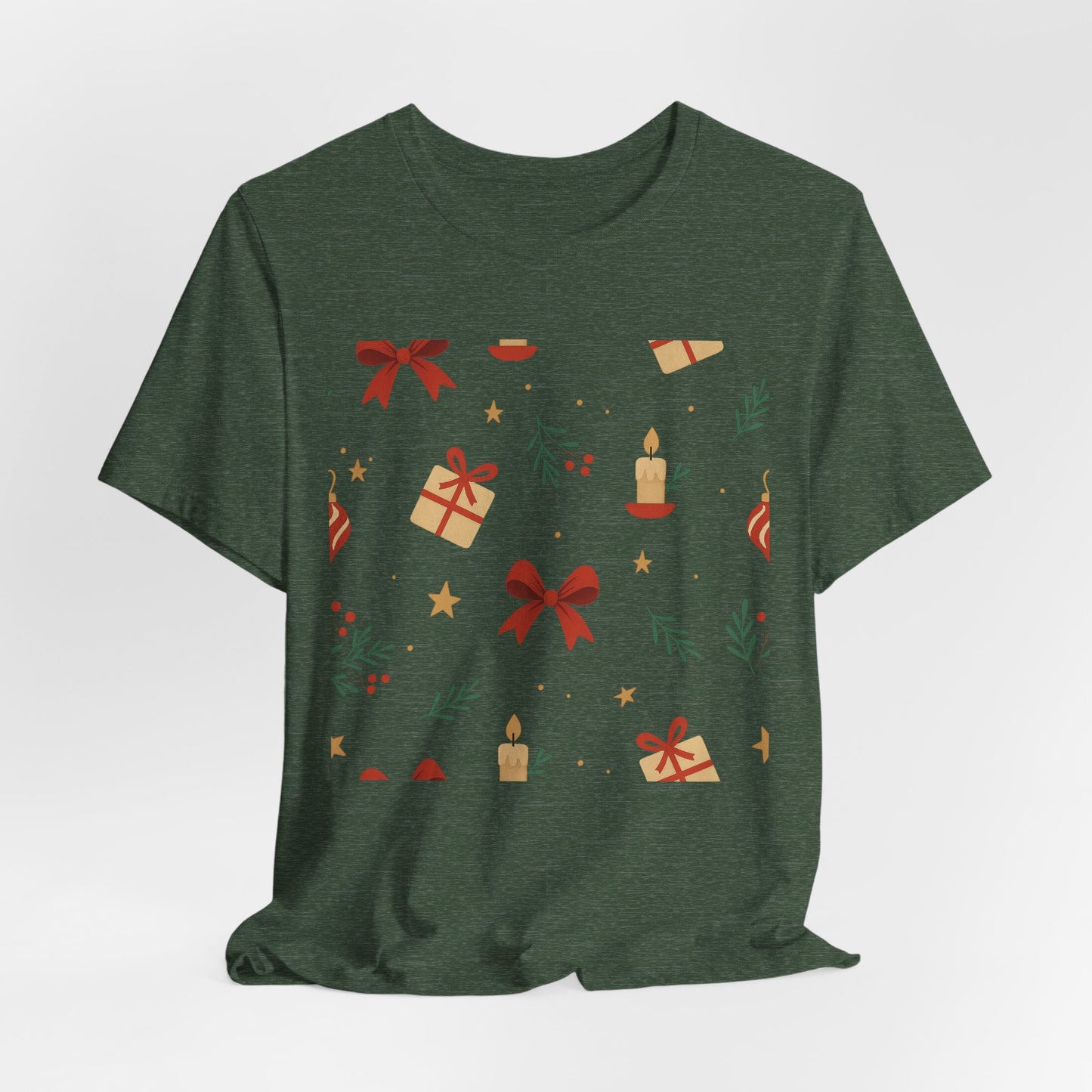 Holiday Pattern Tee — Festive Gifts, Bows & Candles Graphic T-Shirt