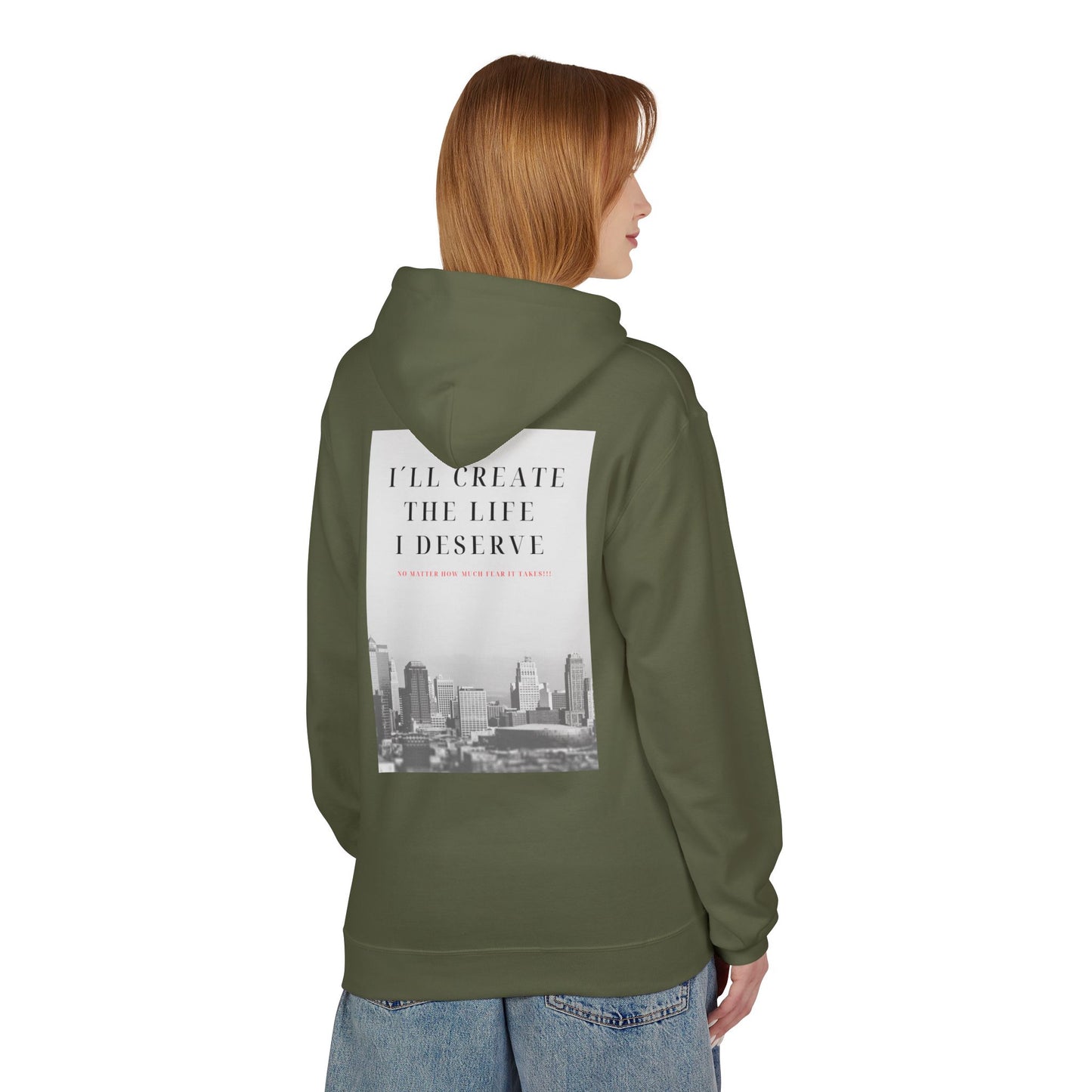 Motivational 'I'll Create the Life I Deserve' Hoodie — Inspirational Cityscape Fleece