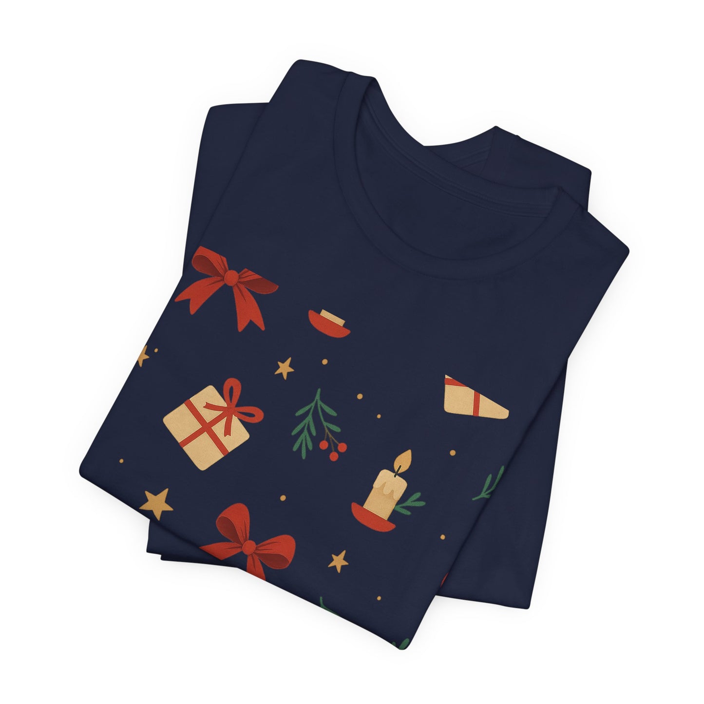 Holiday Pattern Tee — Festive Gifts, Bows & Candles Graphic T-Shirt