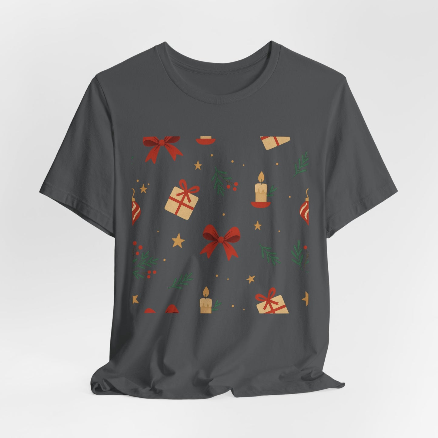 Holiday Pattern Tee — Festive Gifts, Bows & Candles Graphic T-Shirt