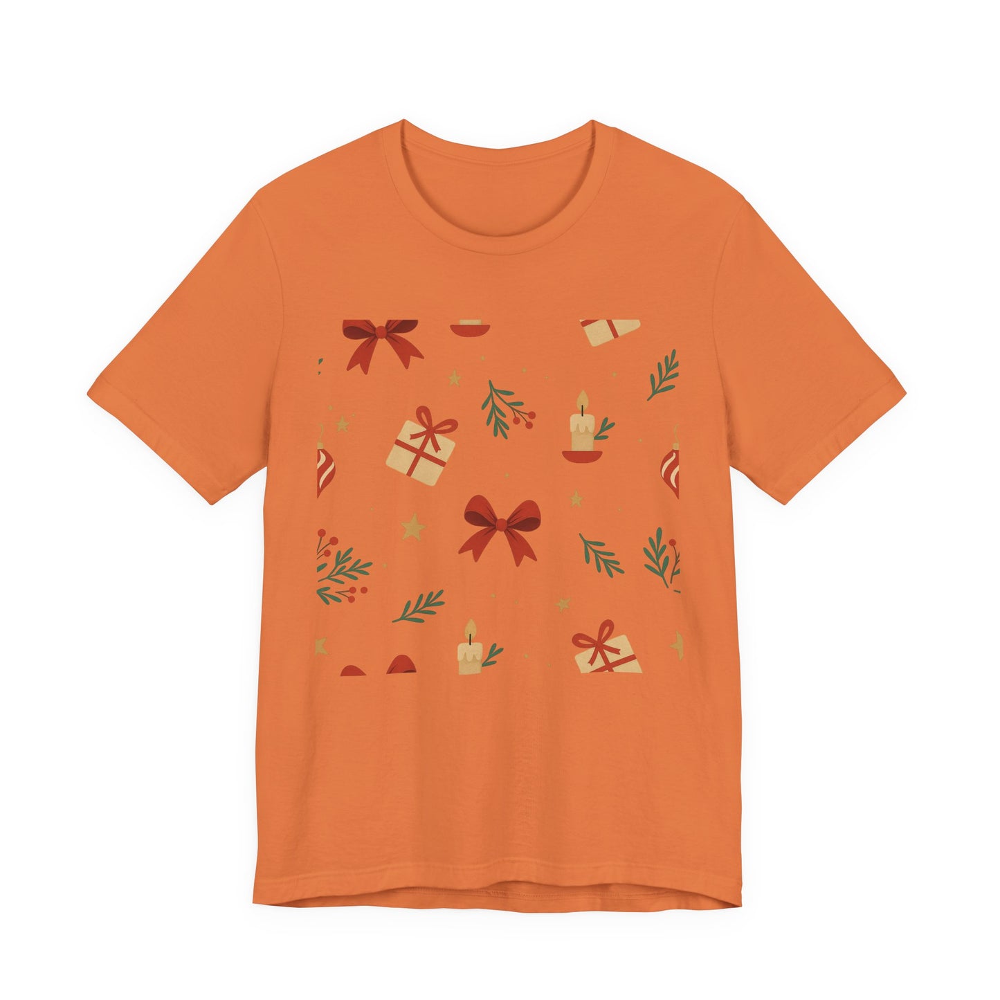 Holiday Pattern Tee — Festive Gifts, Bows & Candles Graphic T-Shirt