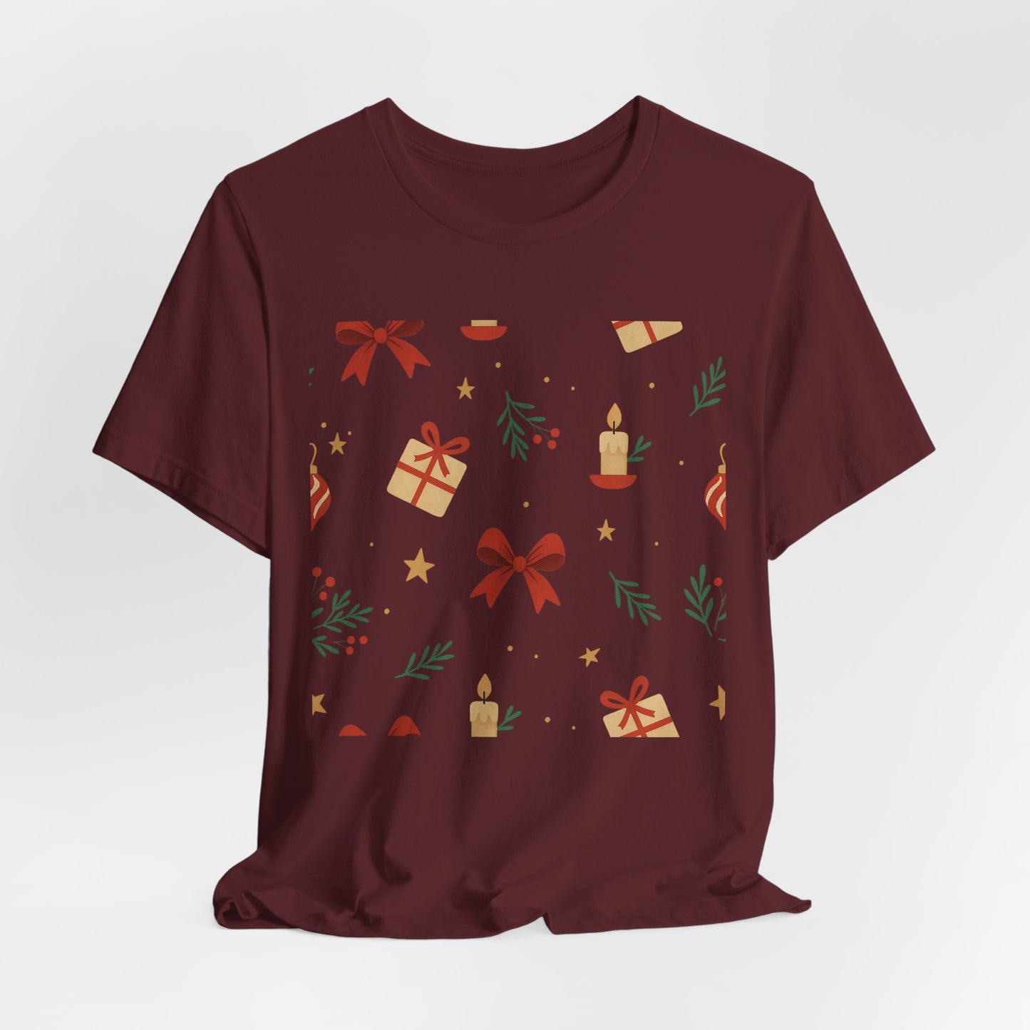 Holiday Pattern Tee — Festive Gifts, Bows & Candles Graphic T-Shirt