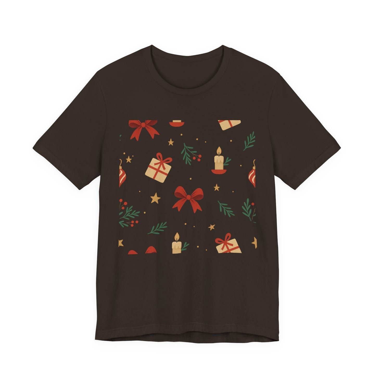 Holiday Pattern Tee — Festive Gifts, Bows & Candles Graphic T-Shirt