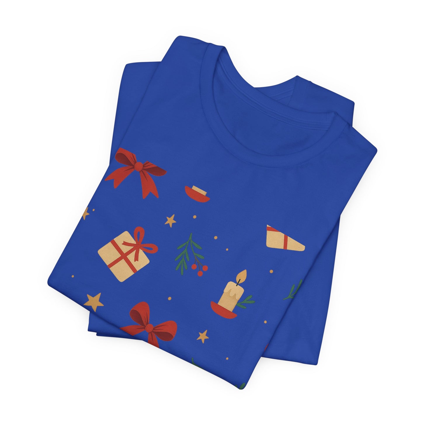 Holiday Pattern Tee — Festive Gifts, Bows & Candles Graphic T-Shirt