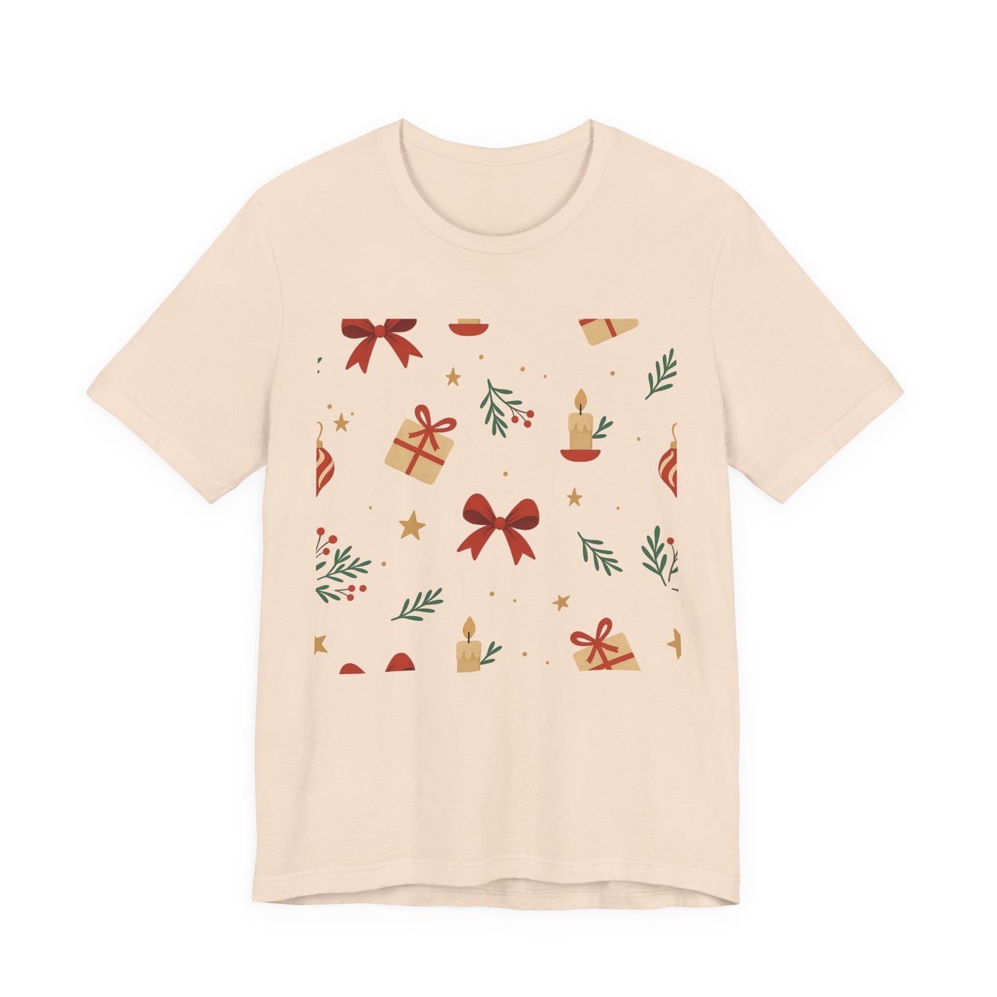Holiday Pattern Tee — Festive Gifts, Bows & Candles Graphic T-Shirt