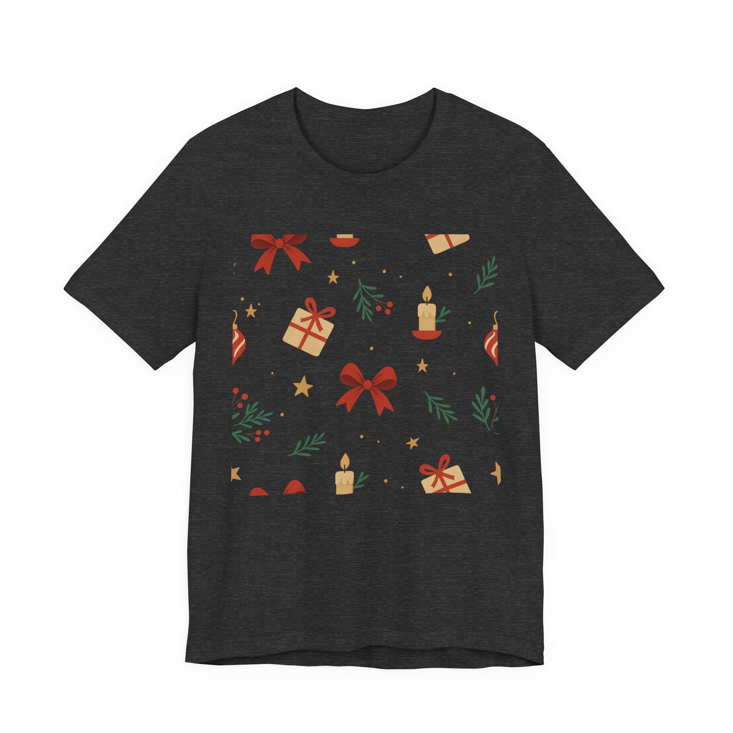 Holiday Pattern Tee — Festive Gifts, Bows & Candles Graphic T-Shirt
