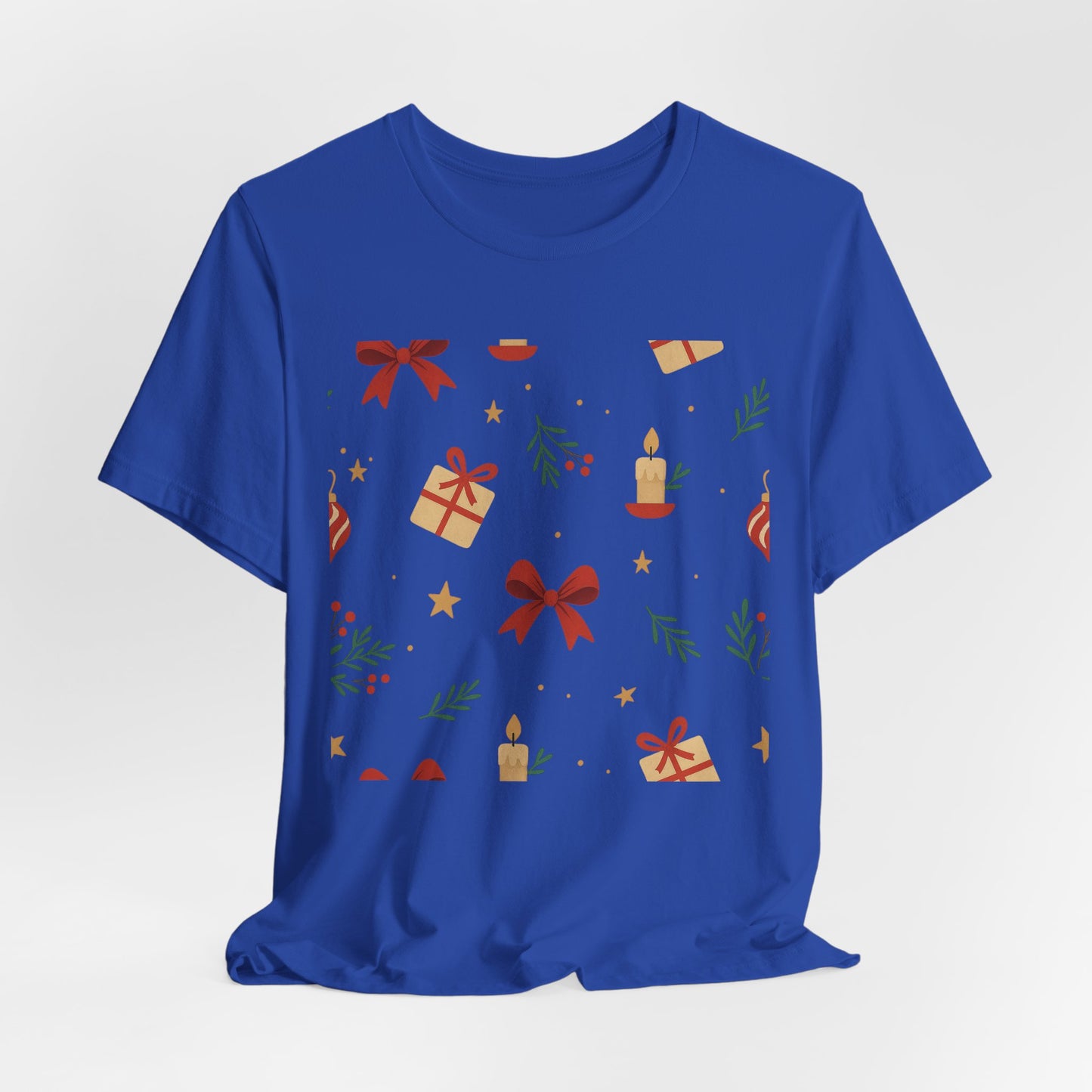 Holiday Pattern Tee — Festive Gifts, Bows & Candles Graphic T-Shirt