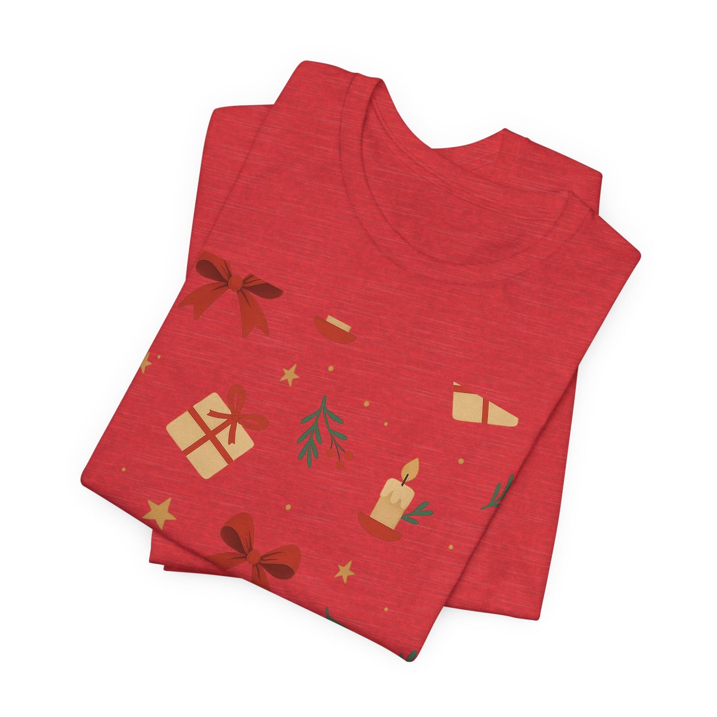 Holiday Pattern Tee — Festive Gifts, Bows & Candles Graphic T-Shirt
