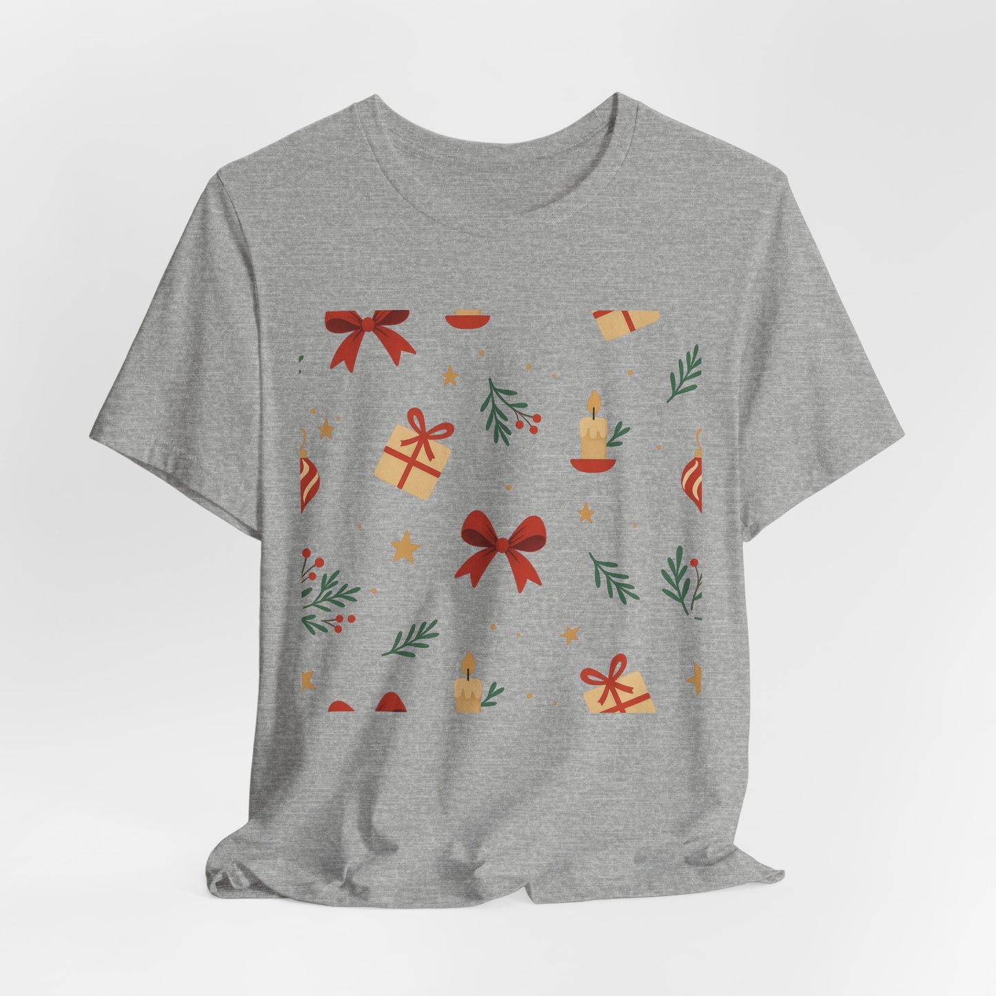 Holiday Pattern Tee — Festive Gifts, Bows & Candles Graphic T-Shirt