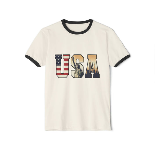 USA Graphic Ringer T‑Shirt — Retro Flag & Statue of Liberty Design