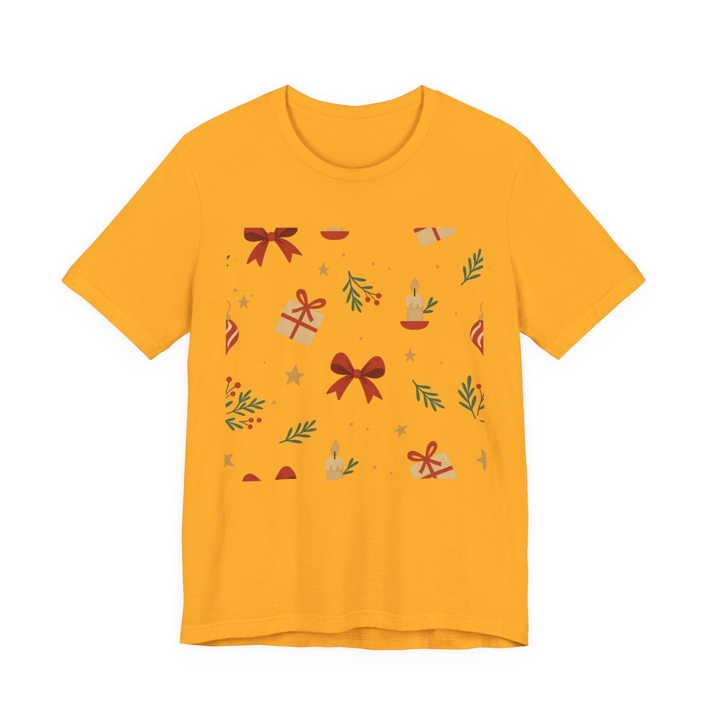 Holiday Pattern Tee — Festive Gifts, Bows & Candles Graphic T-Shirt