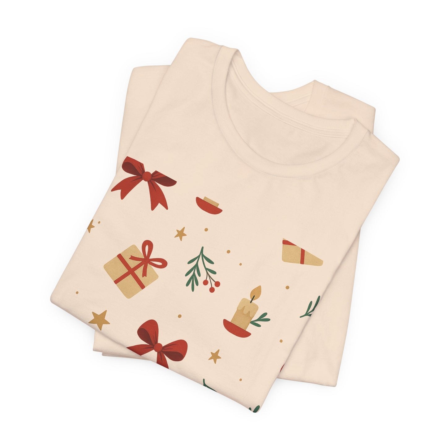 Holiday Pattern Tee — Festive Gifts, Bows & Candles Graphic T-Shirt