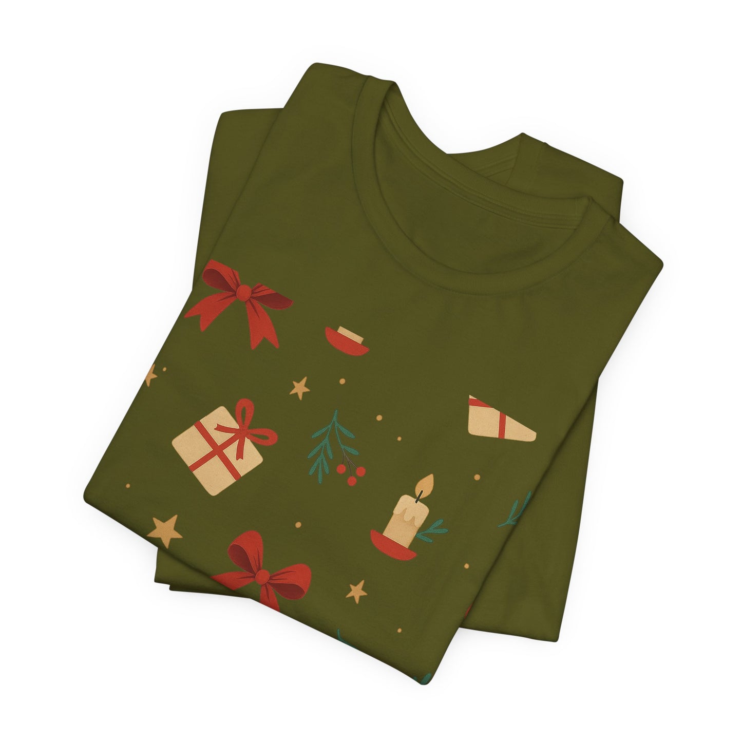 Holiday Pattern Tee — Festive Gifts, Bows & Candles Graphic T-Shirt