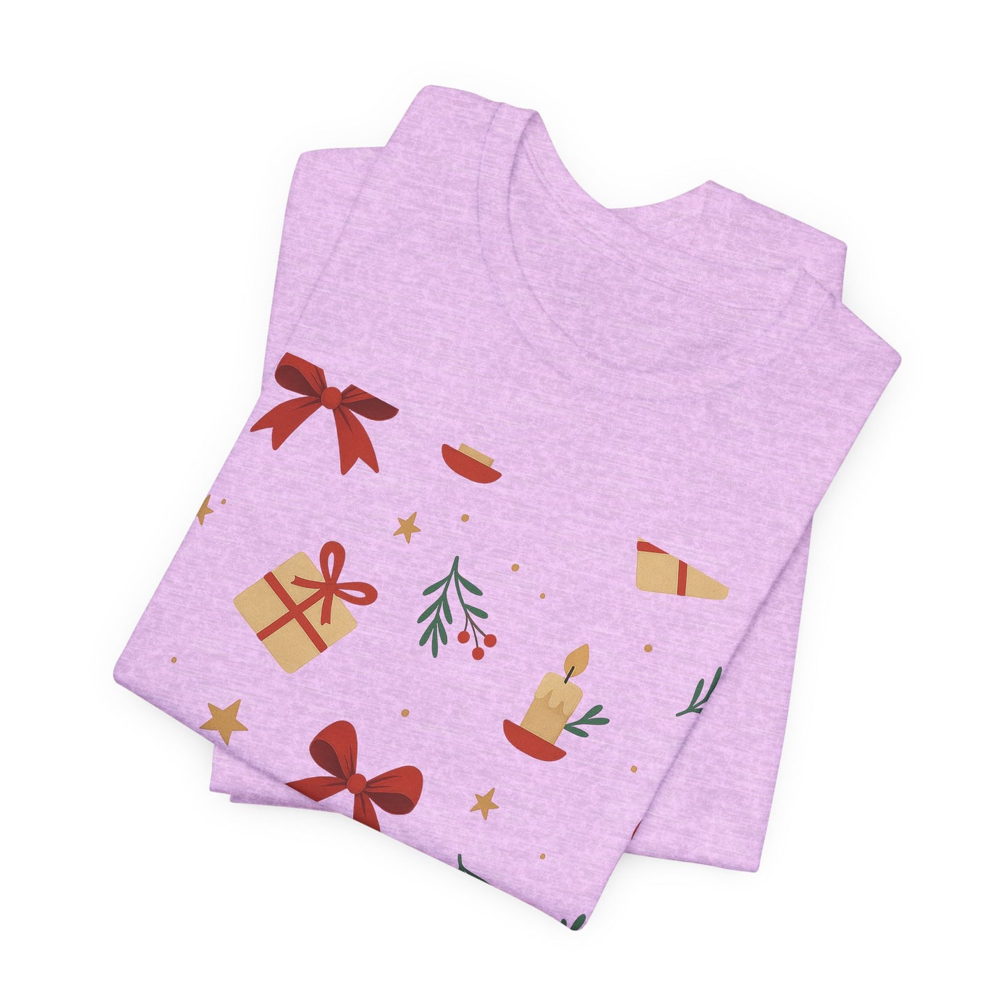 Holiday Pattern Tee — Festive Gifts, Bows & Candles Graphic T-Shirt