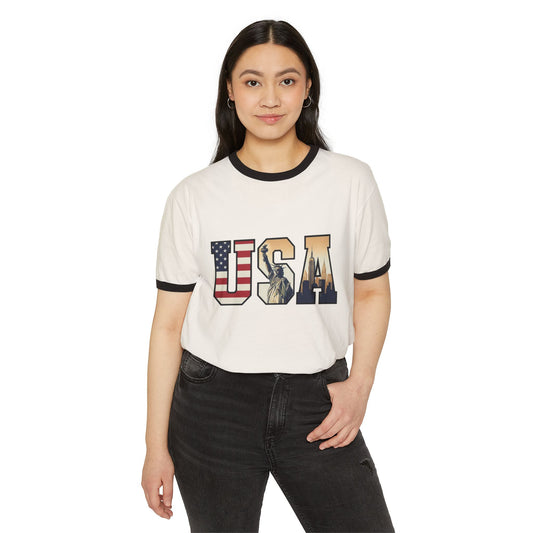 USA Graphic Ringer T‑Shirt — Retro Flag & Statue of Liberty Design