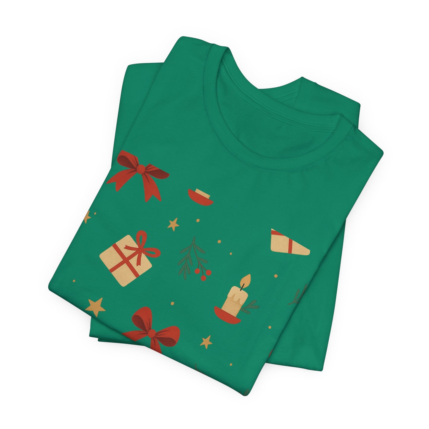 Holiday Pattern Tee — Festive Gifts, Bows & Candles Graphic T-Shirt